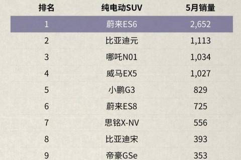 5月上险数出炉 蔚来ES6蝉联纯电SUV销冠