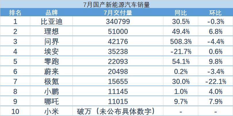 7月新能源汽车大排行