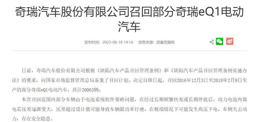 由于电池系统软件问题 奇瑞召回2万辆eQ1