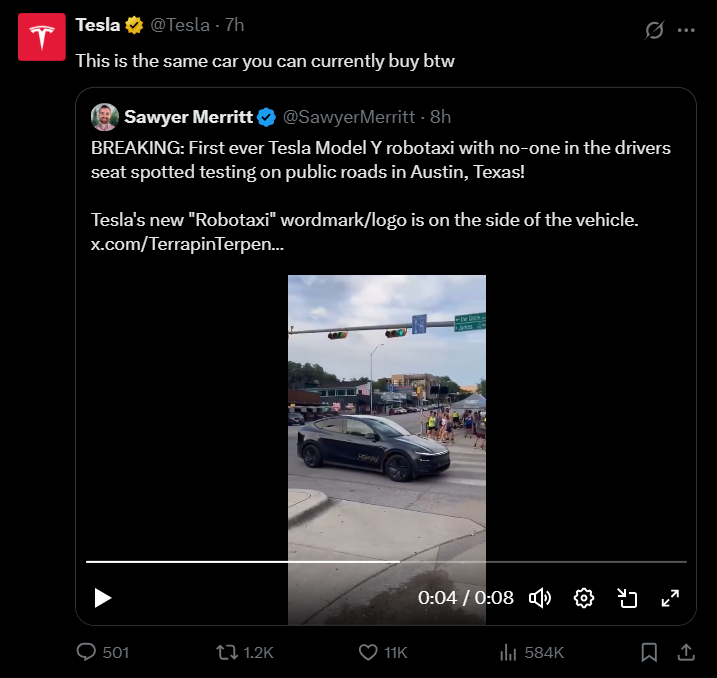 特斯拉Robotaxi开启公共道路测试