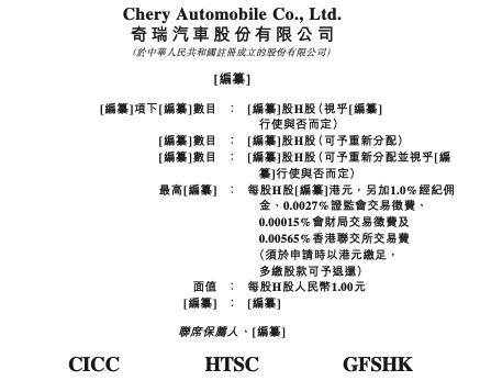 奇瑞汽车股份有限公司向港交所提交上市申请书