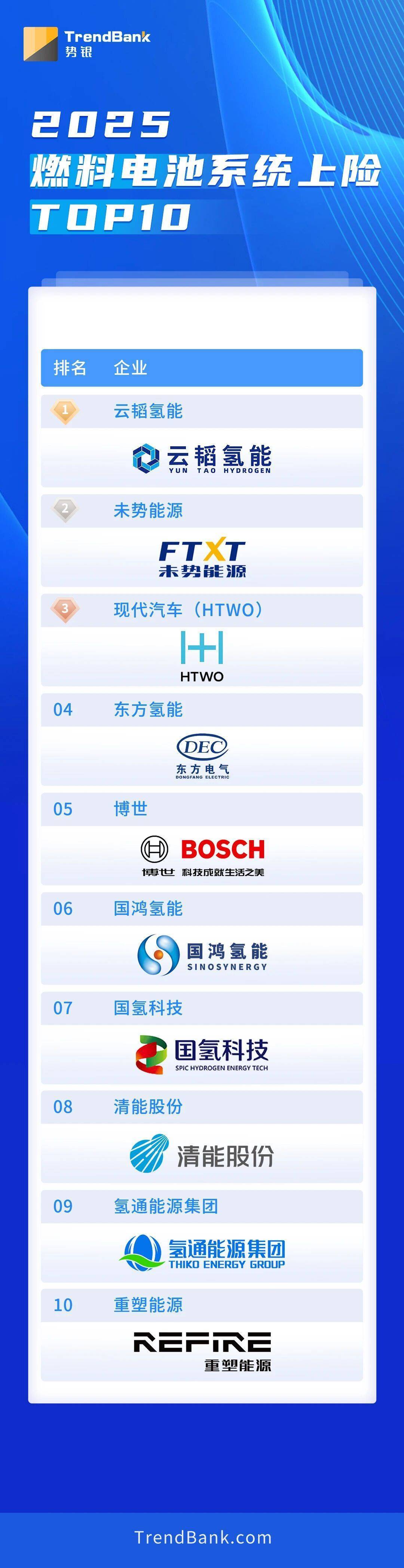 2025燃料电池系统上险TOP10